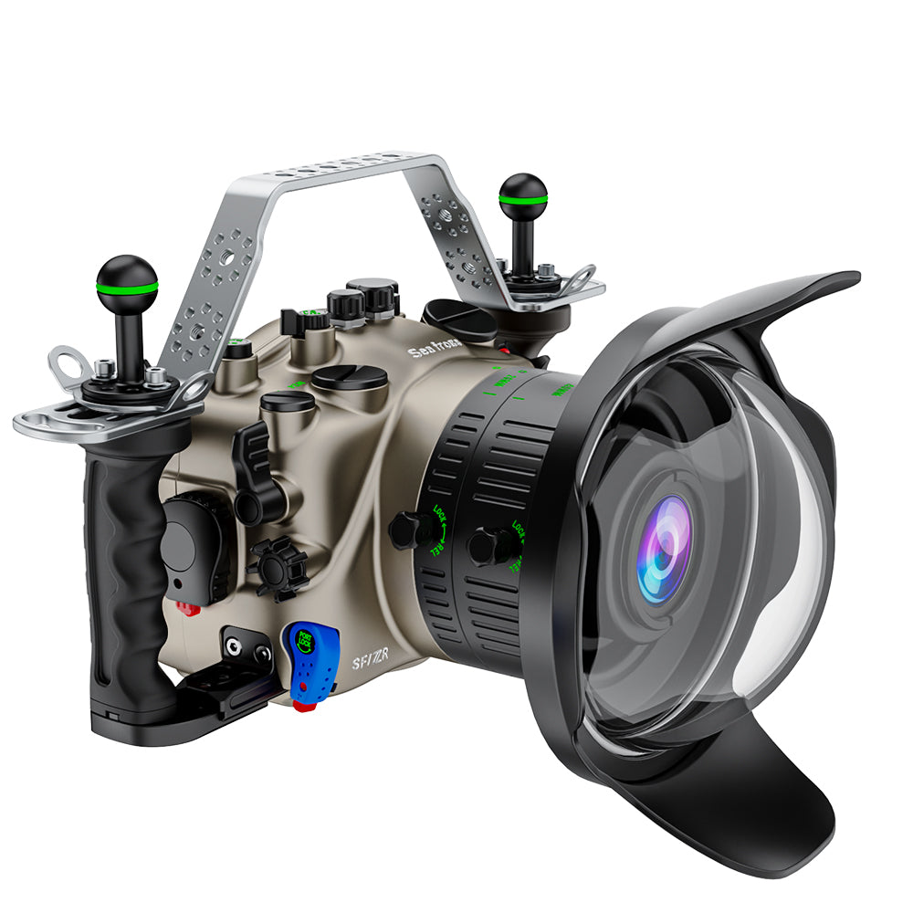 Camera housing with lens and control panel on a white background