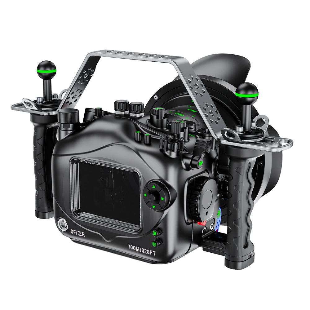 Black underwater camera housing with control handles on a white background