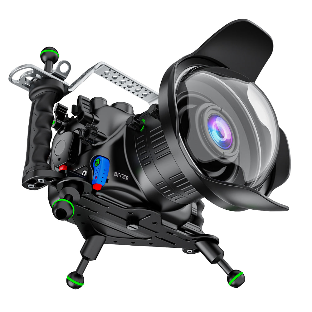 Camera lens with mechanical components on a white background