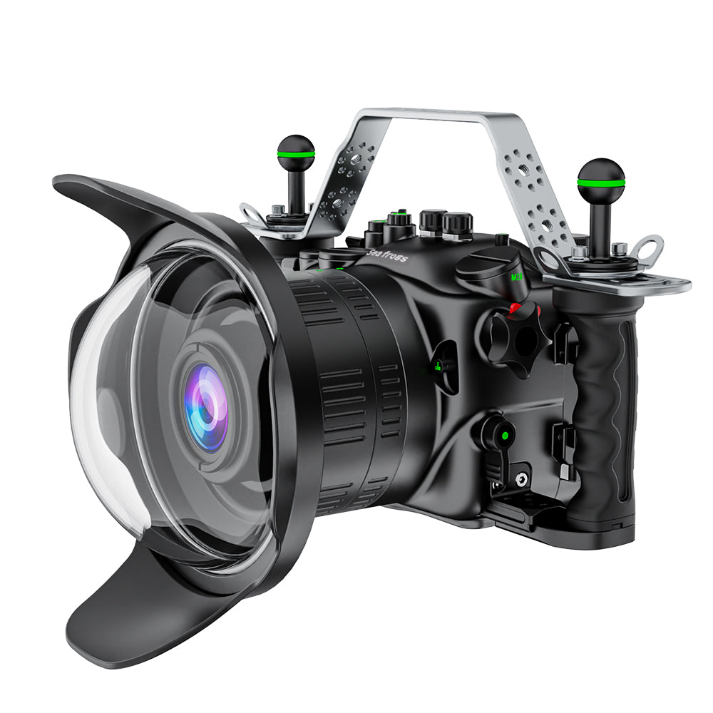 Camera with lens and control handles on a white background