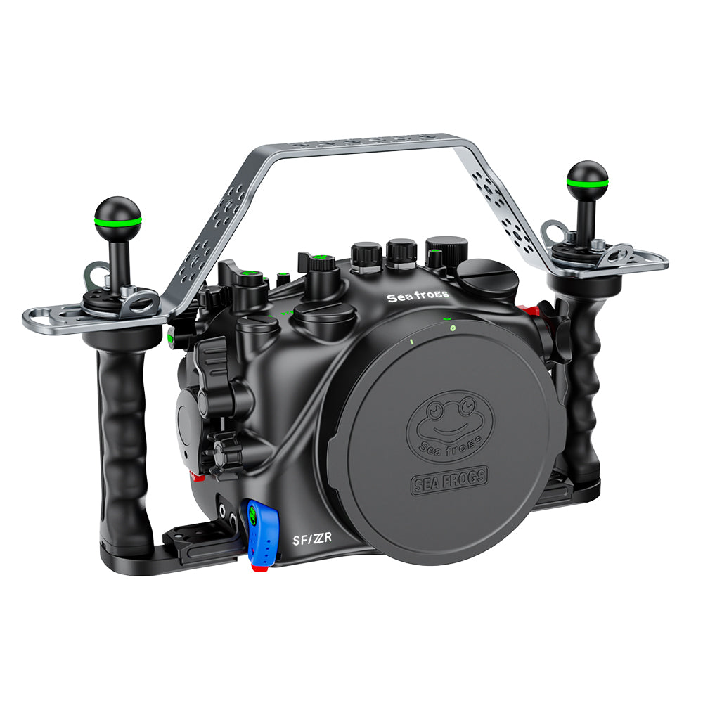 Black underwater camera housing with Sea & Frog branding on a white background
