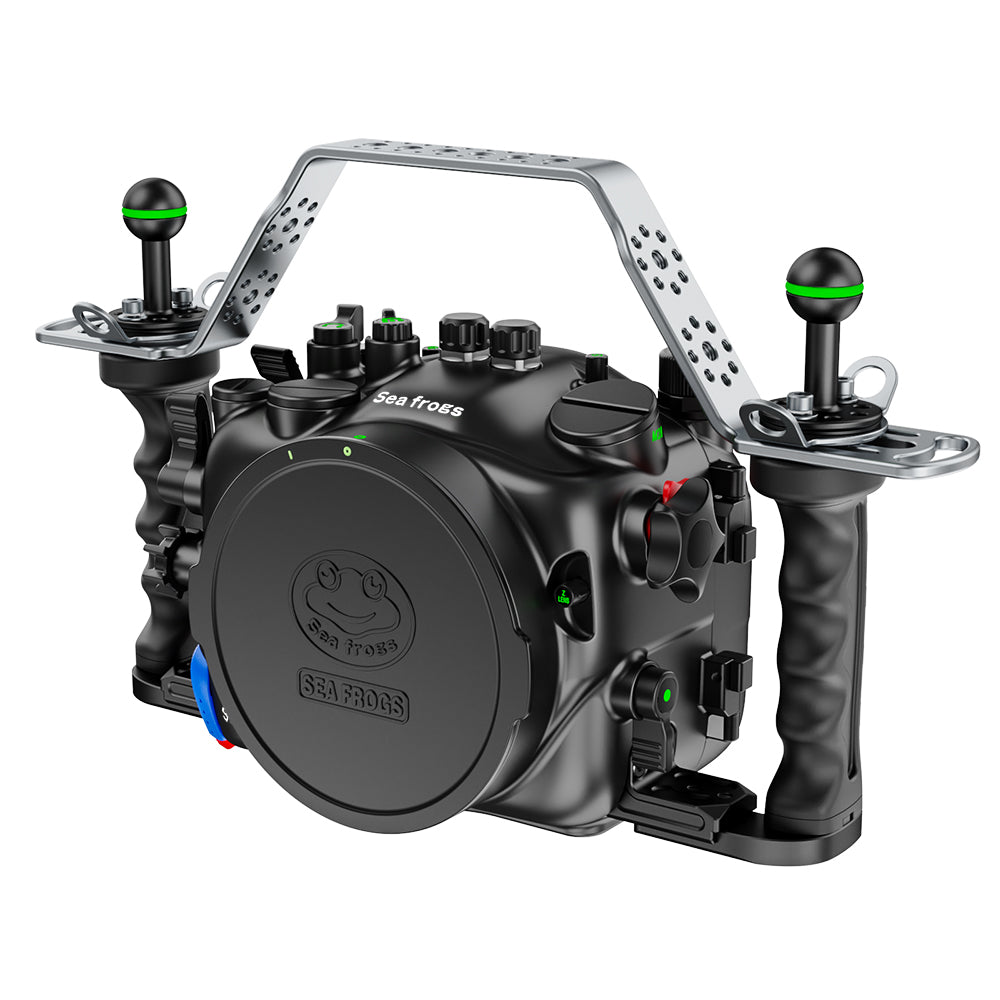 Black underwater housing for cameras with joystick controls on a white background