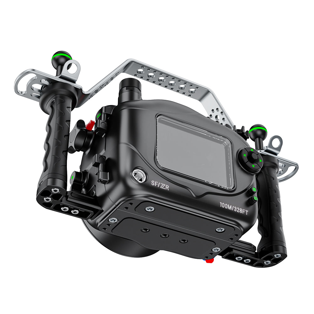 Camera stabilizer with various attachments on a white background