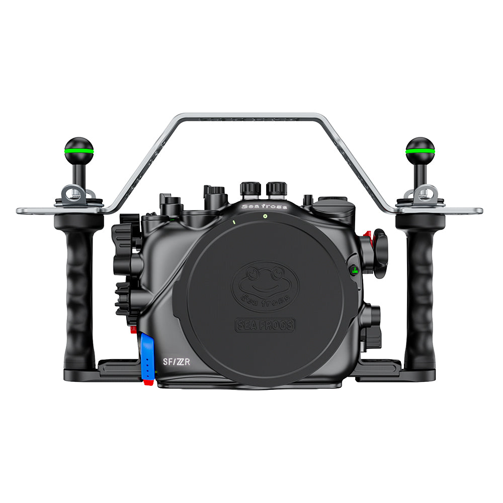 Underwater camera housing with brand logo on a white background