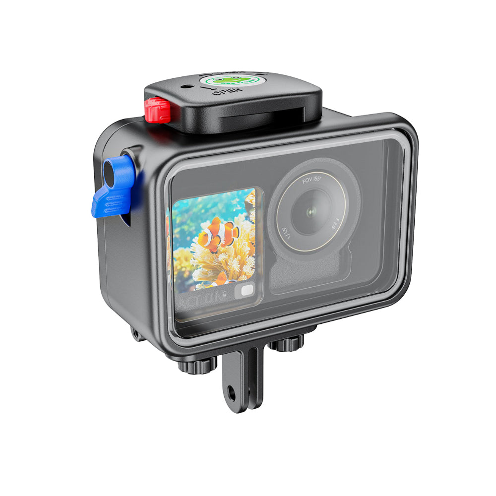Camera housing with screen displaying an underwater scene on a white background