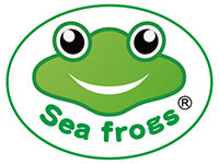 Logo of Sea Frogs with a green frog face and text inside an oval shape.